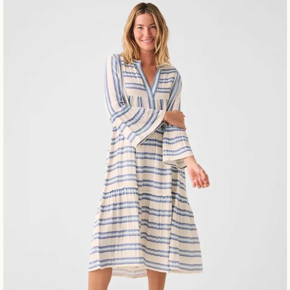 Faherty Tiered Midi Dress Womens Small Blue White Striped Organic Cotton Gauze